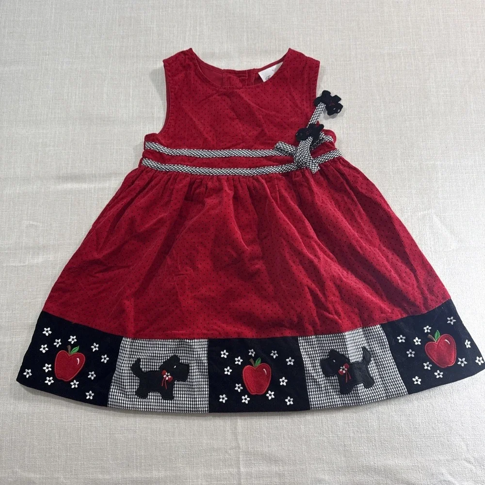 Rare Editions Dress Girls 4T Red Corduroy Polka‎ Dot Apple Scottie Dog Patchwork